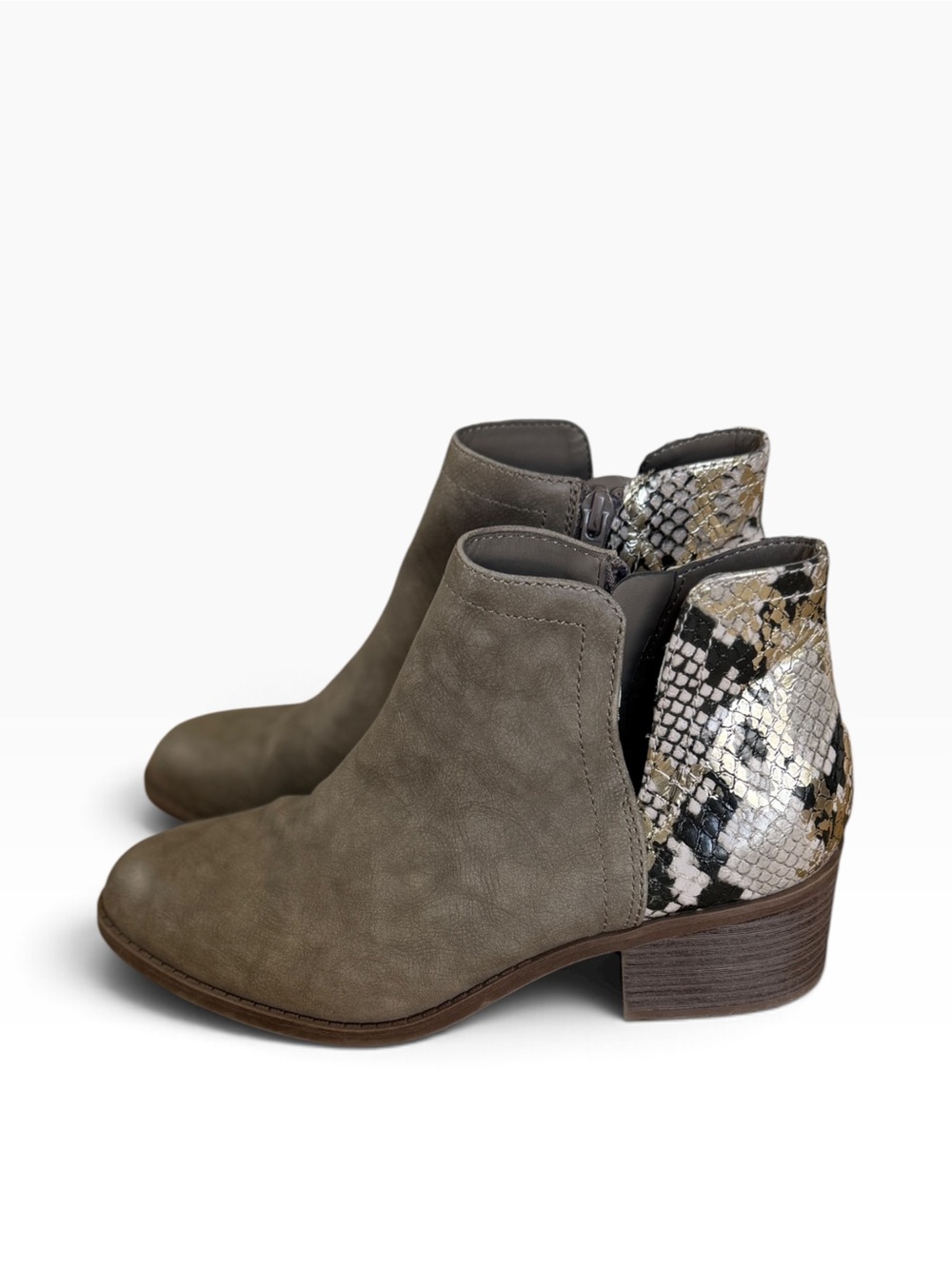 Steve Madden Taupe Ankle Boots with Snakeskin Heel Accent